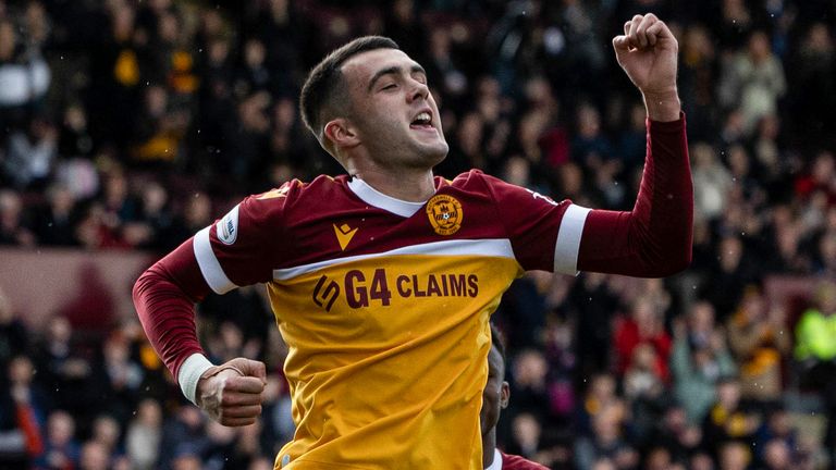 MOTHERWELL, SCOTLAND - SEPTEMBER 28: Motherwell's Lennon Miller celebrates as he scores from the penalty spot to make it 1-1 during a William Hill Scottish Premiership match between Motherwell and St Mirren at Fir Park, on September 28, 2024, in Motherwell, Scotland. (Photo by Craig Foy / SNS Group)