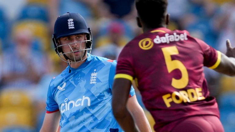 West Indies' Matthew Forde celebrates taking the wicket of England's Will Jacks during the third ODI cricket match at Kensington Oval in Bridgetown, Barbados, Wednesday, Nov. 6, 2024. (AP Photo/Ricardo Mazalan)